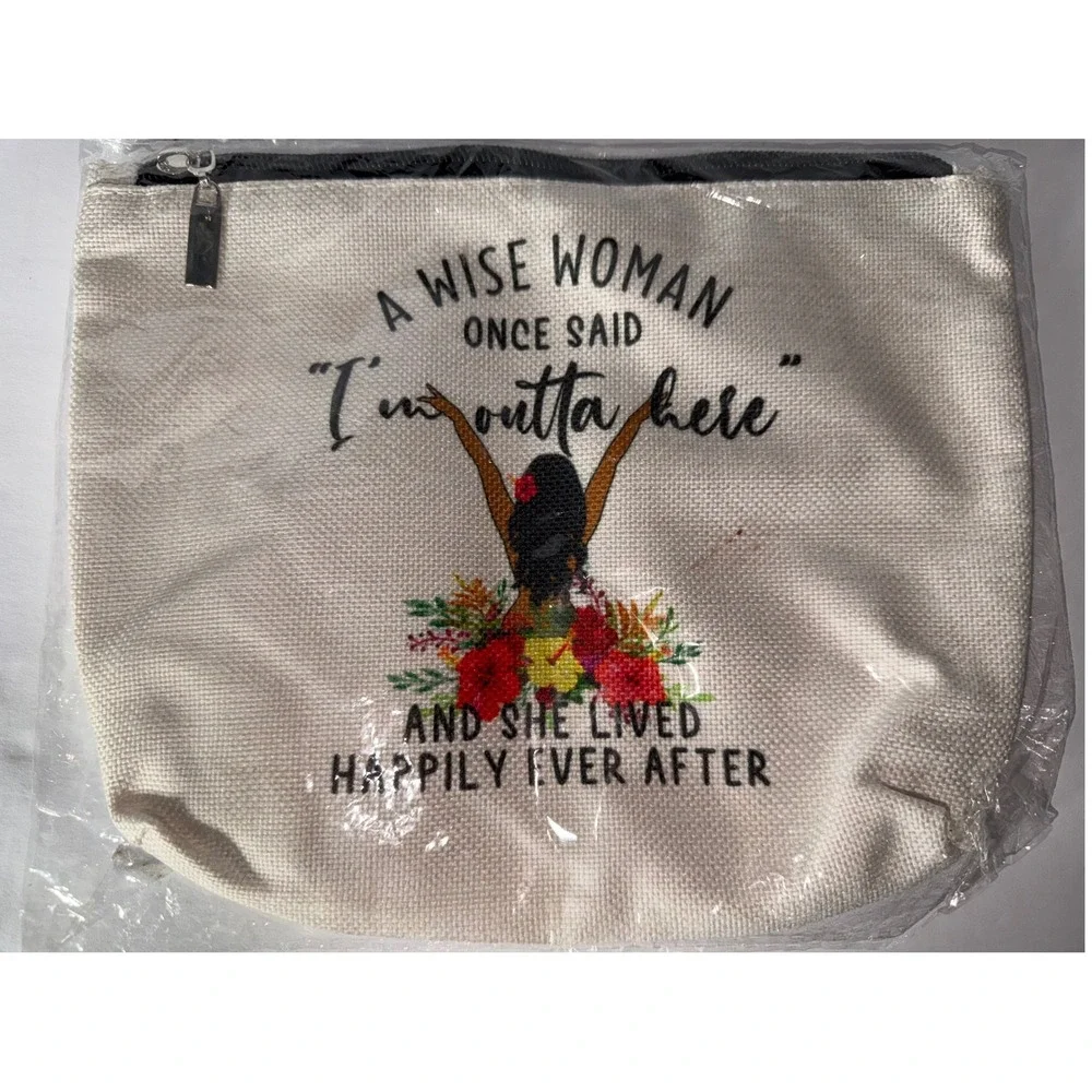 Wise Woman Im Outta Here Canvas Makeup Bag and Compact Mirror Set Gift Cream